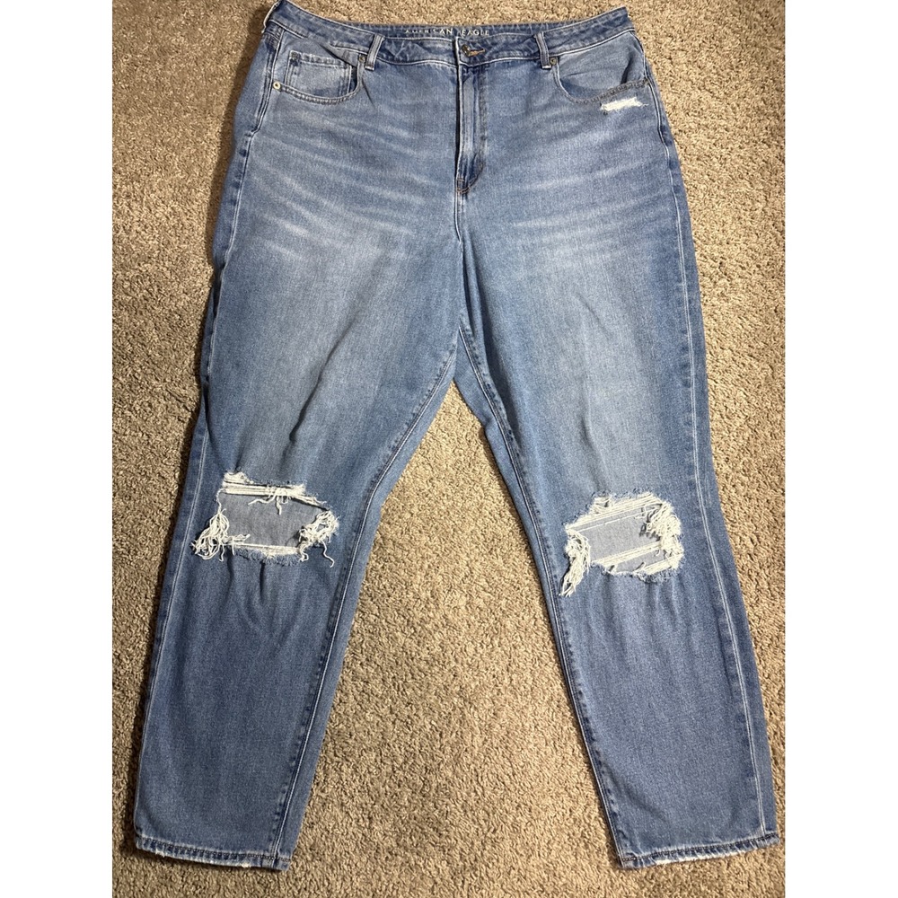 American Eagle Mom Jeans Womens 20 Long Light Wash Distressed Comfort Stretch
